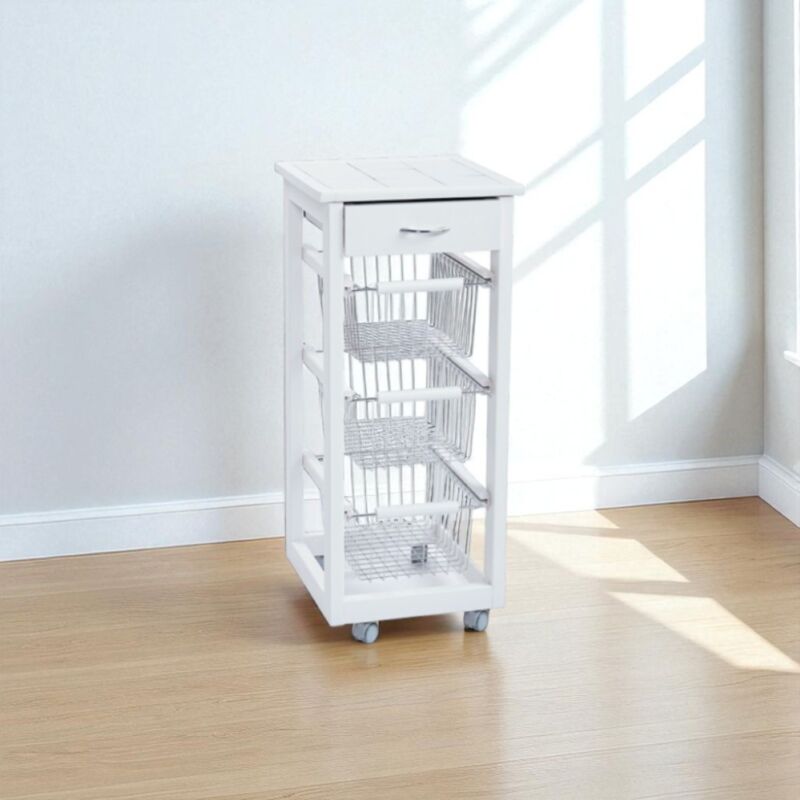 foto del prodotto liberoshopping carrello cucina slim in legno di faggio 3 cesti e 1 cassetto bianco