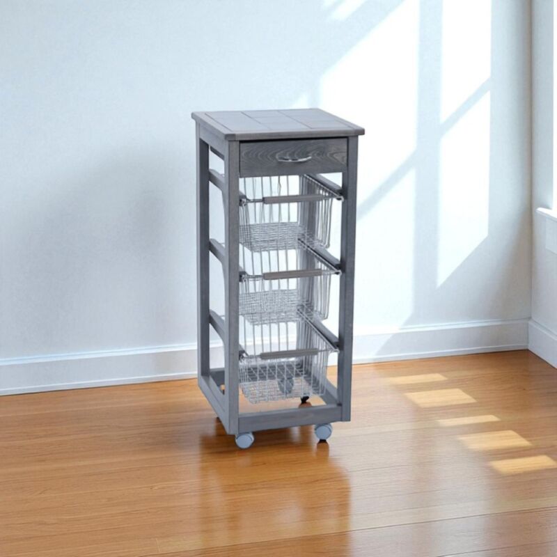 foto del prodotto liberoshopping carrello cucina slim in legno di faggio 3 cesti e 1 cassetto grigio
