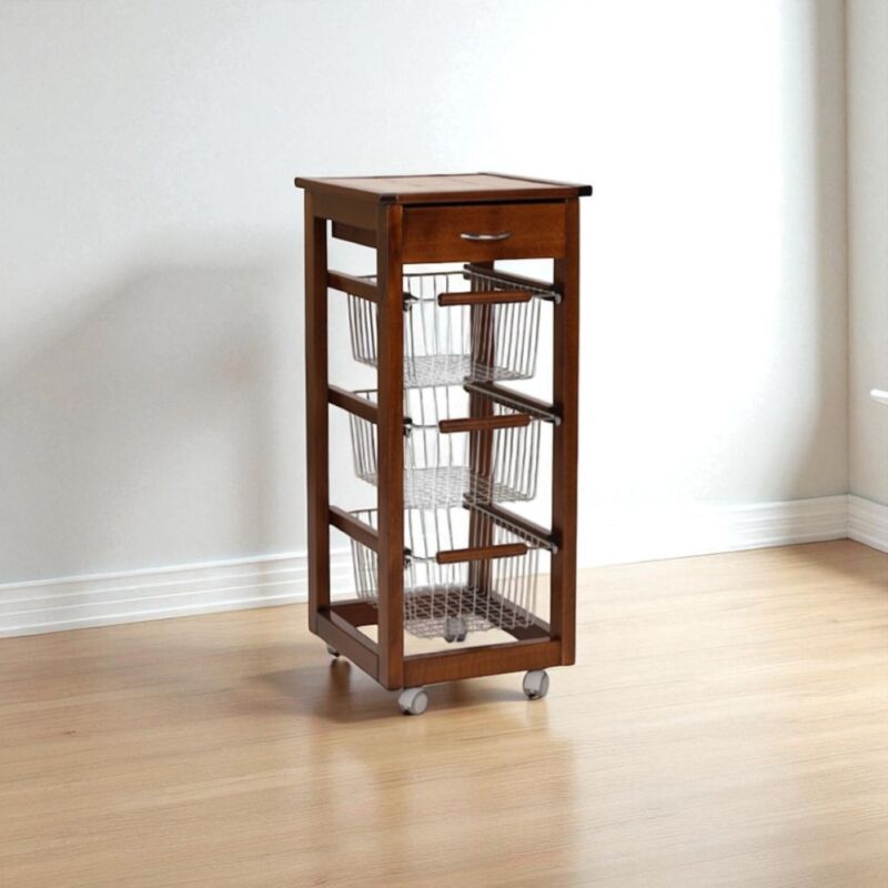 foto del prodotto liberoshopping carrello cucina slim in legno di faggio 3 cesti e 1 cassetto noce