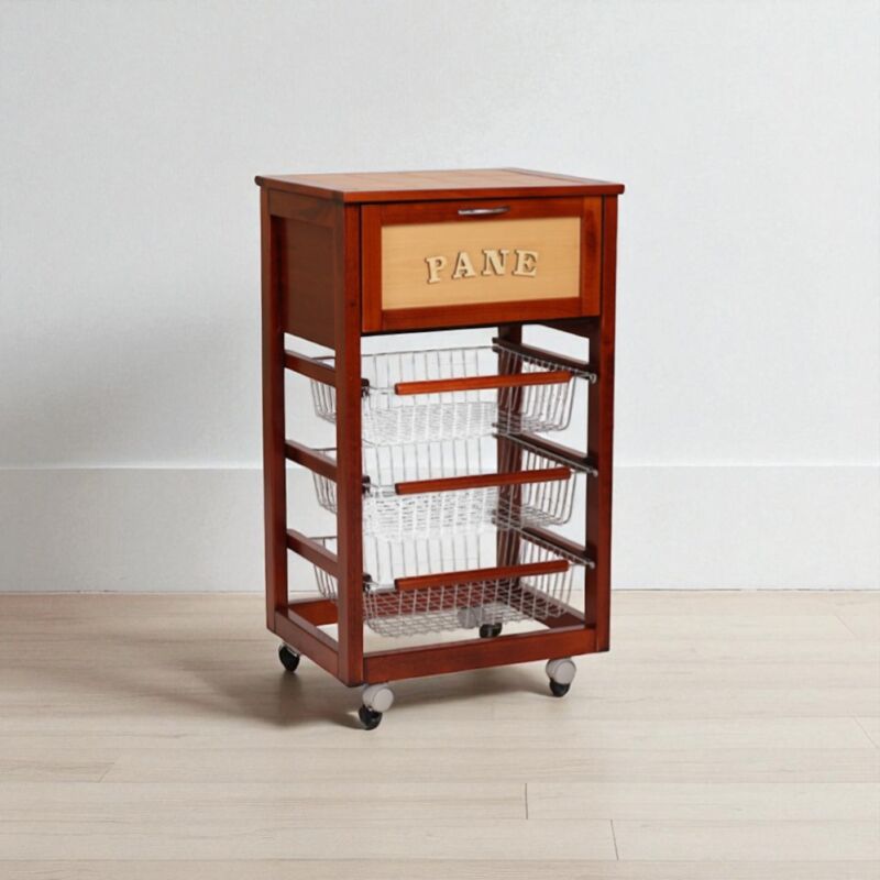 foto del prodotto liberoshopping carrello in legno portapane con cesti portafrutta landhell ciliegio