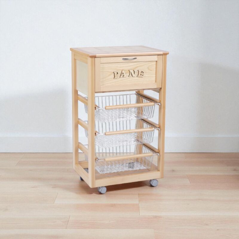 foto del prodotto liberoshopping carrello in legno portapane con cesti portafrutta landhell naturale