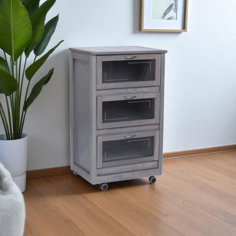 foto del prodotto liberoshopping carrello mobiletto grigio con ante a ribalta in vetro landhell