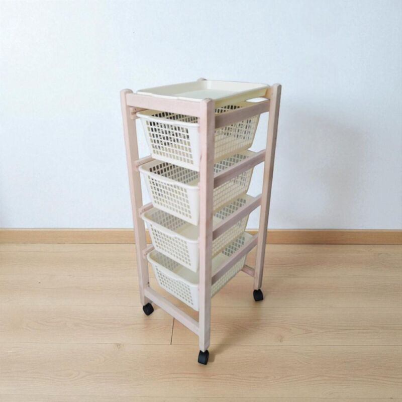foto del prodotto liberoshopping carrello portafrutta jolly con cesti in plastica bianchi e legno naturale.