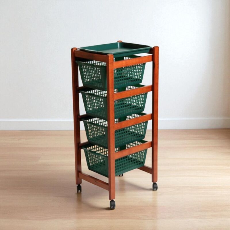 foto del prodotto liberoshopping carrello portafrutta jolly con cesti in plastica verdi e legno ciliegio.