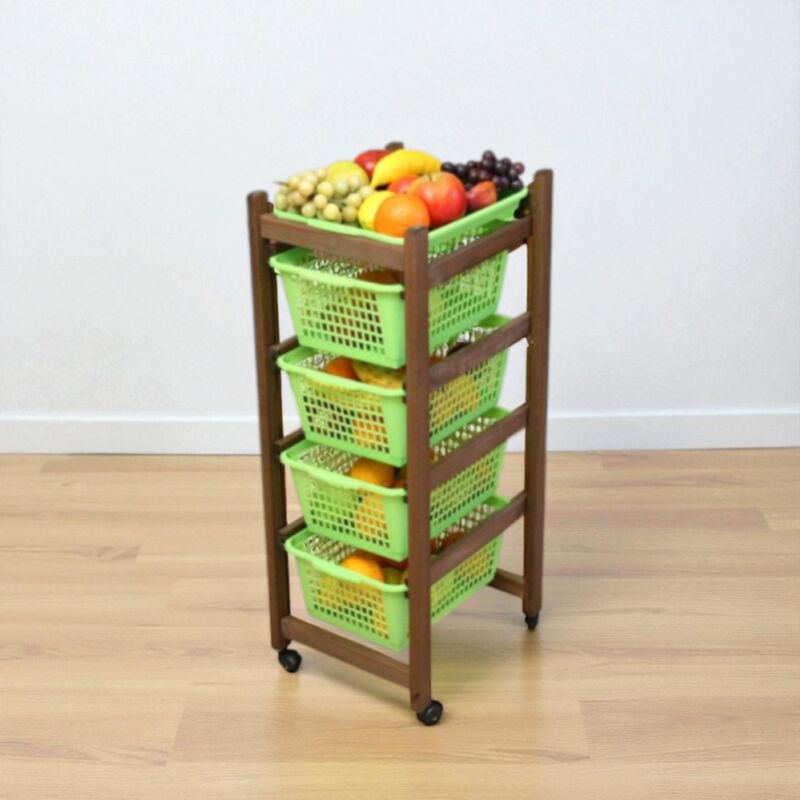 foto del prodotto liberoshopping carrello portafrutta jolly con cesti in plastica verdi e legno noce.