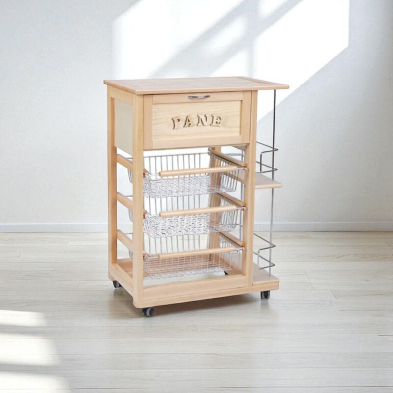 foto del prodotto liberoshopping carrello portapane con portabottiglie e cesti portafrutta naturale
