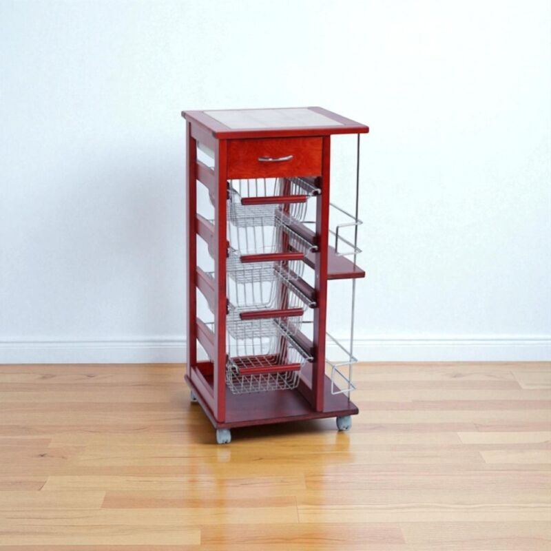 foto del prodotto liberoshopping carrello salvaspazio con cesti portafrutta e portabottiglie ciliegio