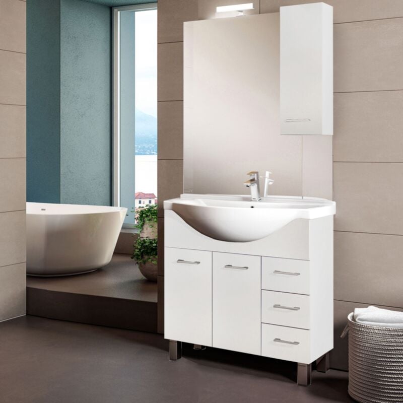 foto del prodotto liberoshopping mobile bagno a terra 2 ante 3 cassetti specchiera e lampada led bianco lucido