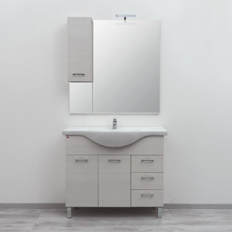 foto del prodotto liberoshopping mobile bagno a terra 2 ante 3 cassetti specchiera e lampada led quercia bianco