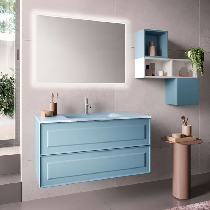 foto del prodotto liberoshopping mobile bagno sospeso 100 cm con lavabo e 2 cassetti rhea azzurro opaco