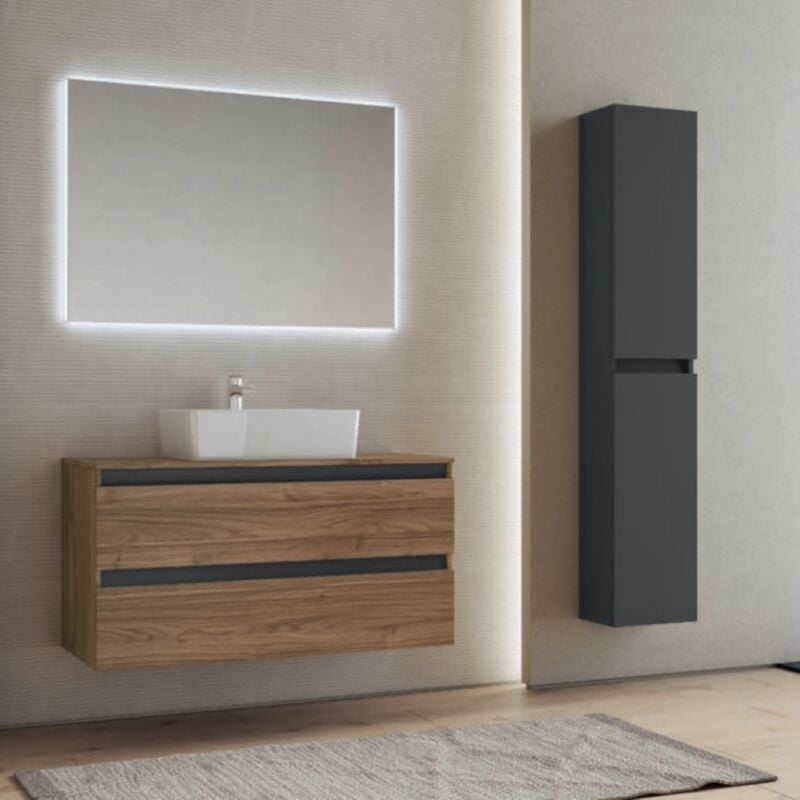 foto del prodotto liberoshopping mobile bagno sospeso 100 cm noce con lavabo da appoggio e specchio cube1