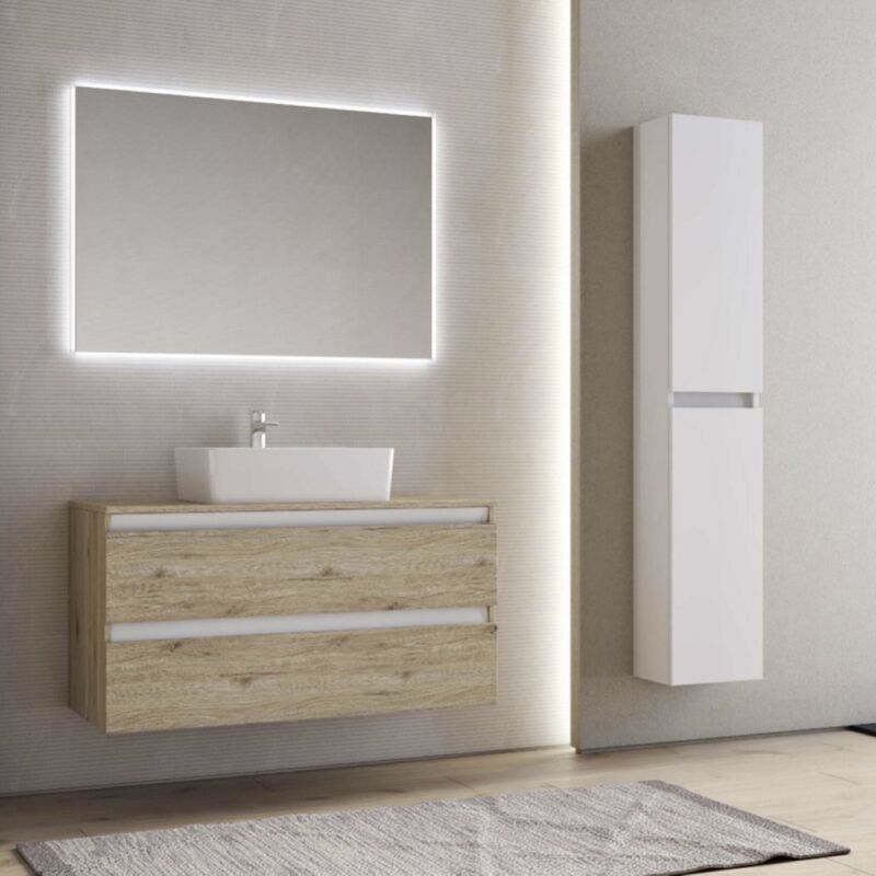 foto del prodotto liberoshopping mobile bagno sospeso 100 cm quercia con lavabo da appoggio e specchio cube1
