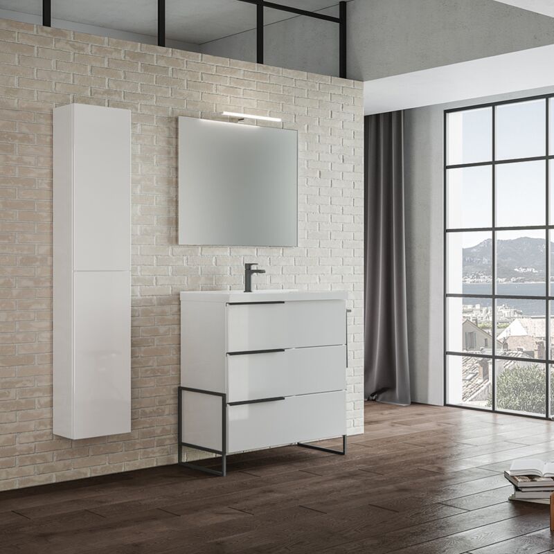 foto del prodotto liberoshopping mobile bagno sospeso 82 cm bianco lucido con lavabo e specchio led febe1