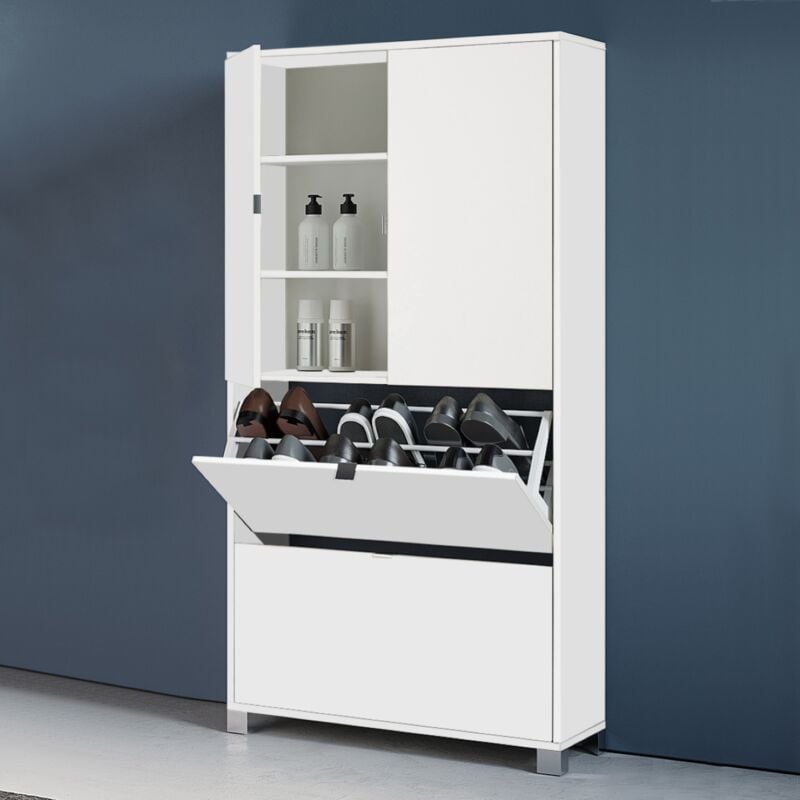 foto del prodotto liberoshopping - mobile scarpiera 2 ante e 2 ribalta in legno con ripiani 76x155h cm bianco lucido