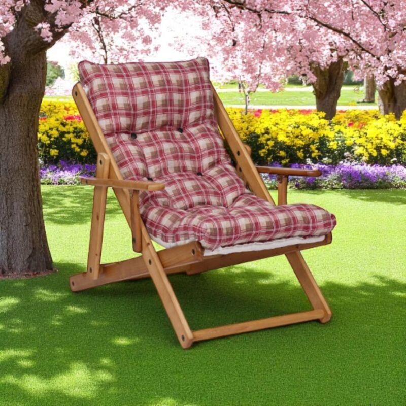 foto del prodotto liberoshopping poltrona in legno pieghevole 3 posizioni cuscino tessuto rosso scozzese
