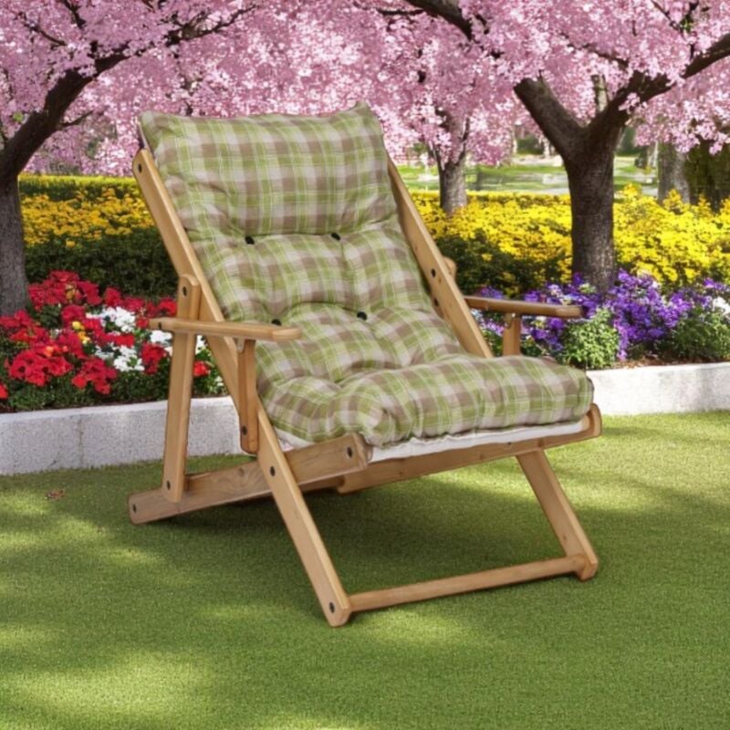 foto del prodotto liberoshopping poltrona in legno pieghevole 3 posizioni cuscino tessuto verde scozzese