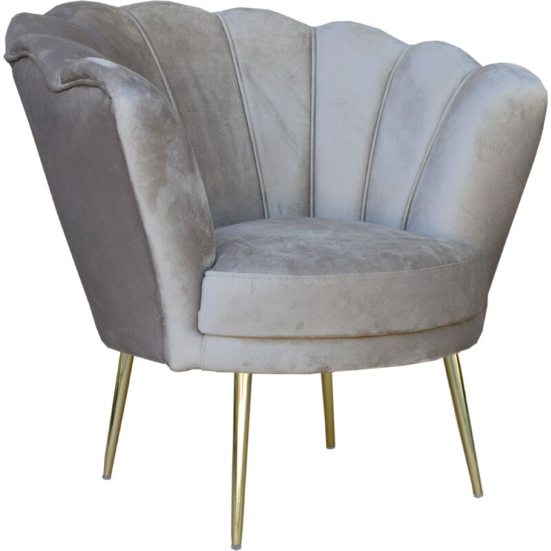 foto del prodotto liberoshopping - poltrona in velluto tortora - modello conchiglia e gambe metallo oro