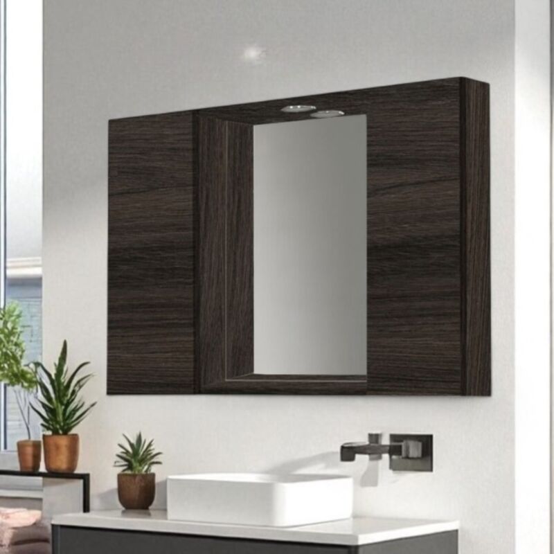 foto del prodotto liberoshopping specchiera bagno in legno 81 cm a 2 ante con faretto led olmo caffe 