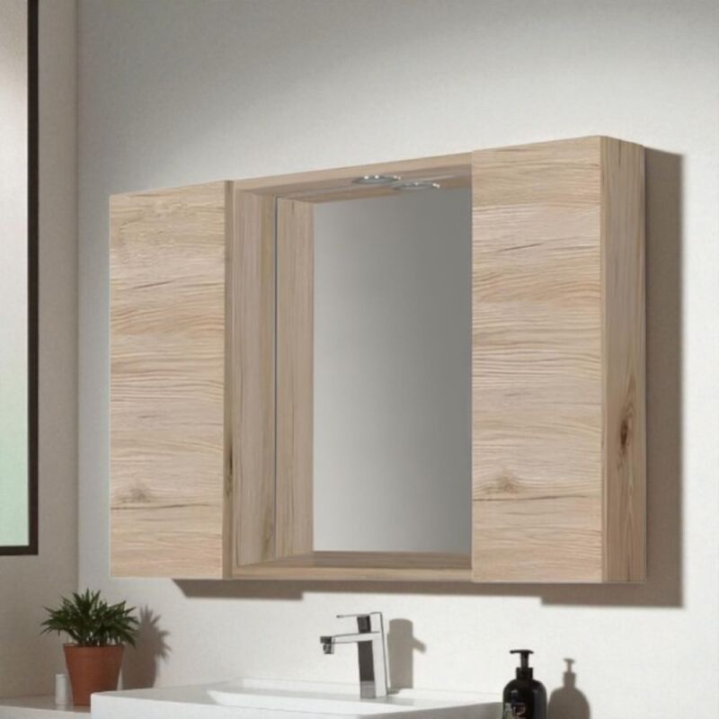 foto del prodotto liberoshopping specchiera bagno in legno 81 cm a 2 ante con faretto led quercia naturale