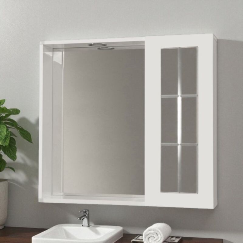 foto del prodotto liberoshopping specchiera contenitore con anta inglesina e luce led bianco lucido 68 cm