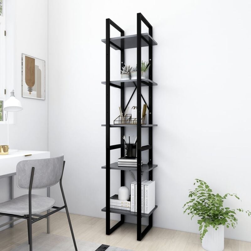 foto del prodotto libreria 40x30x175cm stile industrial struttura nera e 5 ripiani di vari colori colore grigio