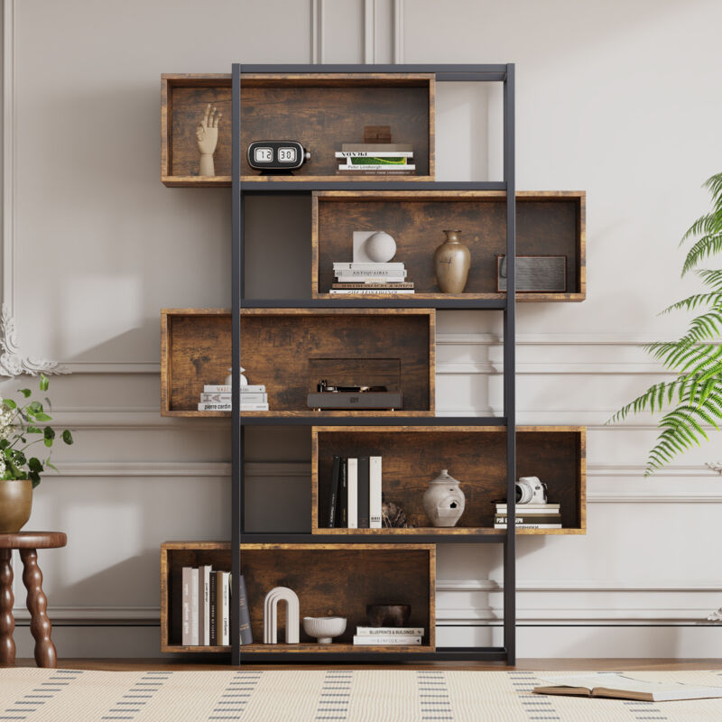 foto del prodotto libreria, 5 livelli, con ripiani, venature del legno marrone con tubo di acciaio nero