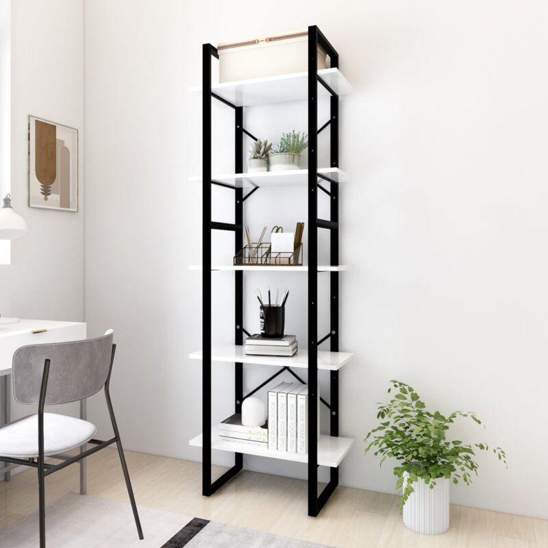 foto del prodotto libreria 60x30x175cm stile industrial struttura nera e 5 ripiani di vari colori colore bianco