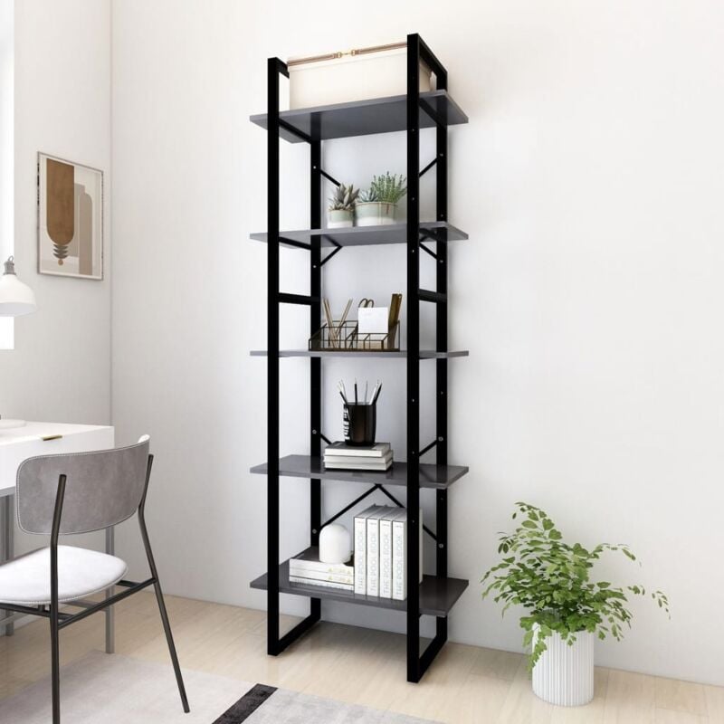 foto del prodotto libreria 60x30x175cm stile industrial struttura nera e 5 ripiani di vari colori colore grigio