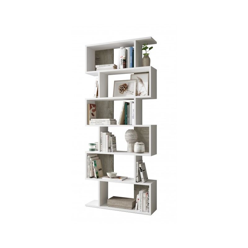 foto del prodotto libreria 80x25x192 cm bianco opaco e rovere con 6 ripiani fiume