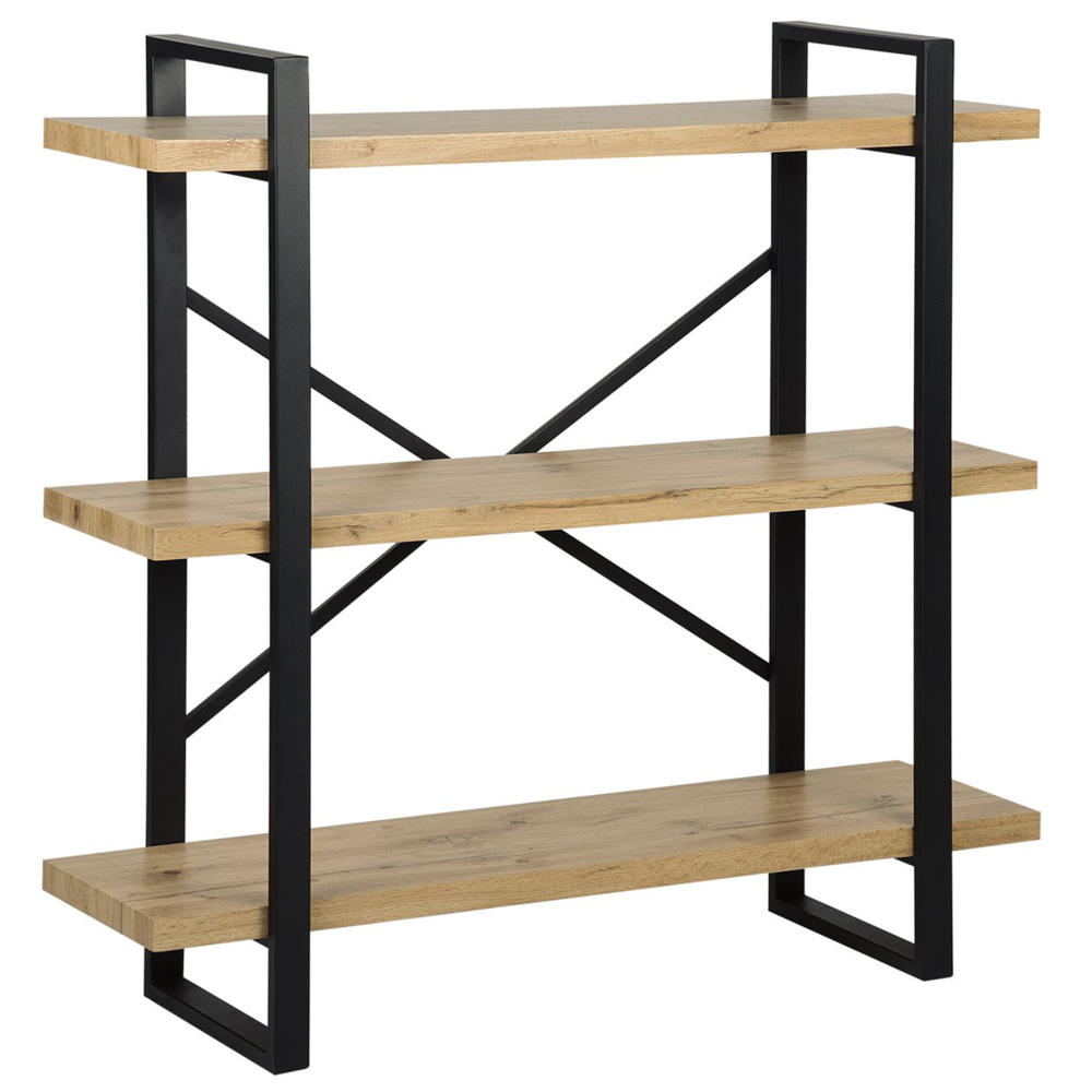 foto del prodotto libreria a 3 livelli in legno chiaro con struttura in metallo nero ripiani aperti contenitore minimalista unit autoportante