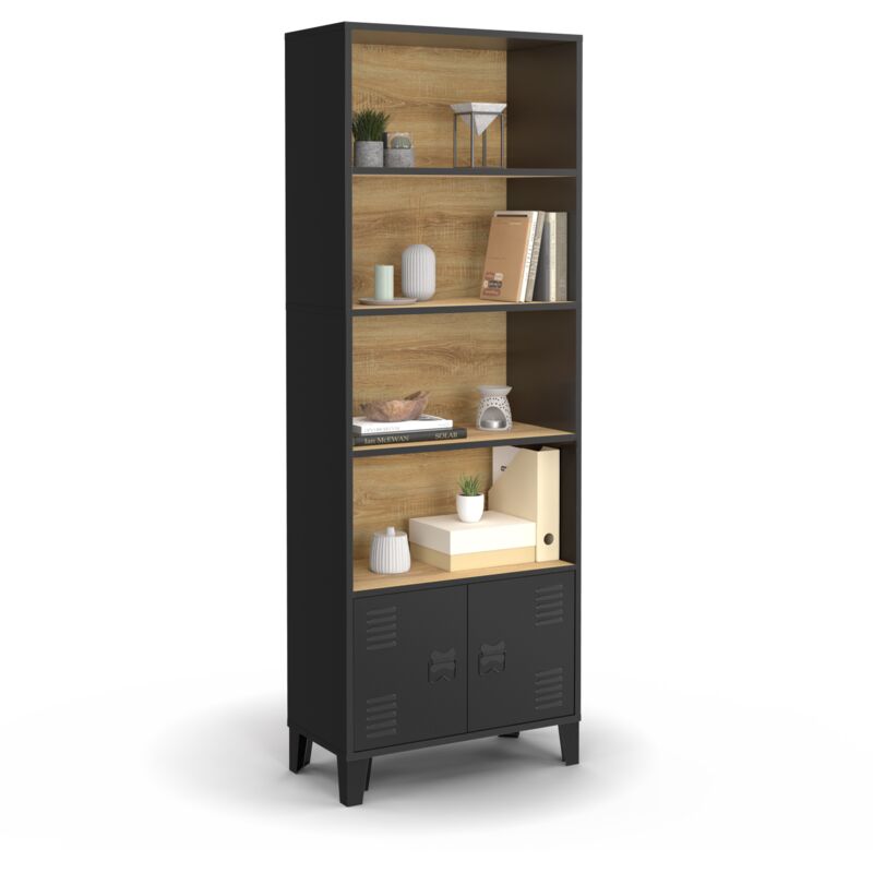 foto del prodotto libreria a 4 livelli con armadio ester con ante in metallo nero e piano in legno dal design industriale