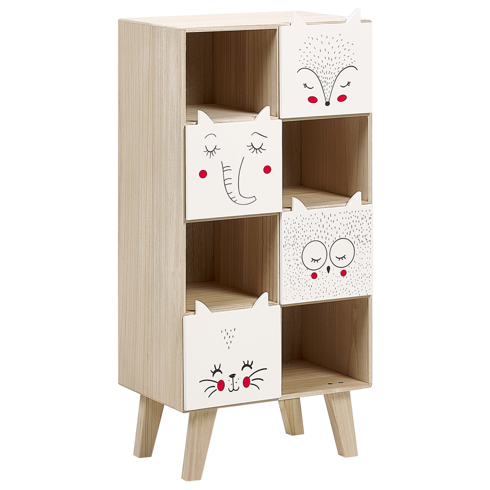 foto del prodotto libreria a 4 livelli in legno chiaro e mdf bianco cassetti scaffali