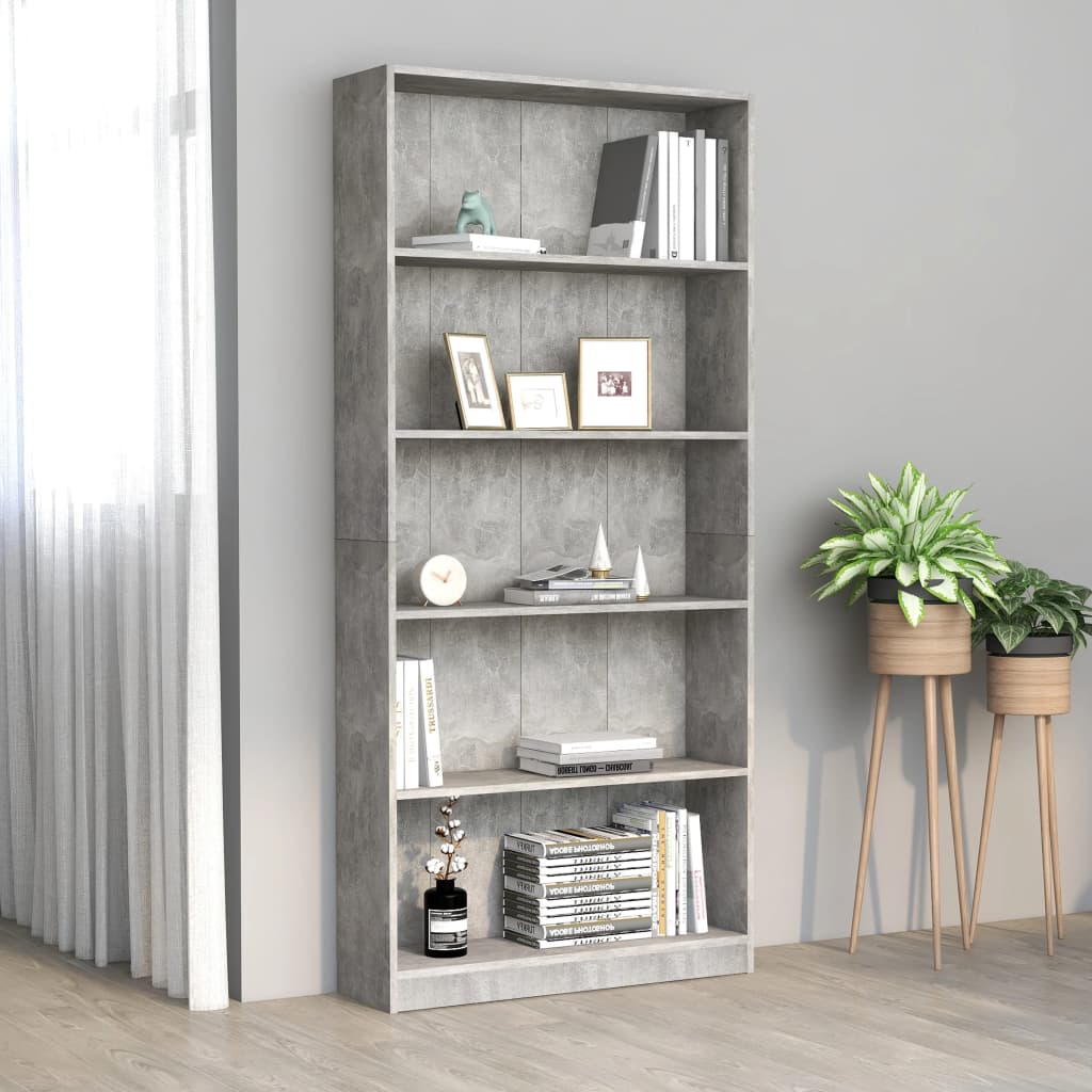 foto del prodotto libreria a 5 ripiani grigio cemento 80x24x175 cm in truciolato cod mxl 6822
