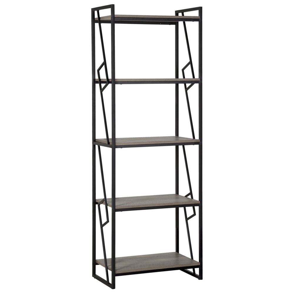 foto del prodotto libreria a 5 ripiani scaffale industriale minimalista con struttura in legno scuro e metallo nero