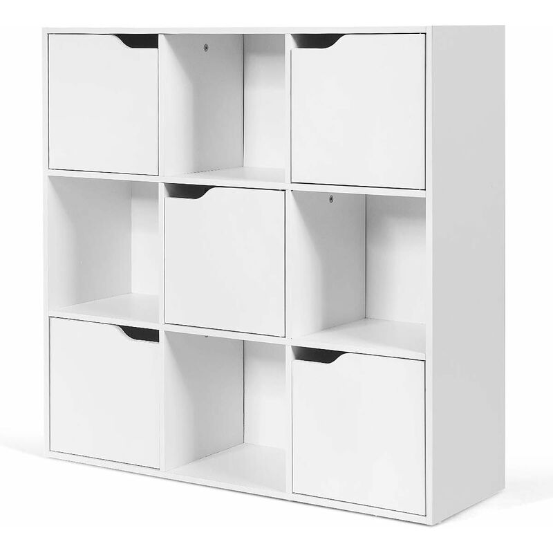 foto del prodotto libreria a 9 cubi con 5 ante in legno per decorazioni a 3 ripiani, 90 x 29 x 90 cm bianco relax4life