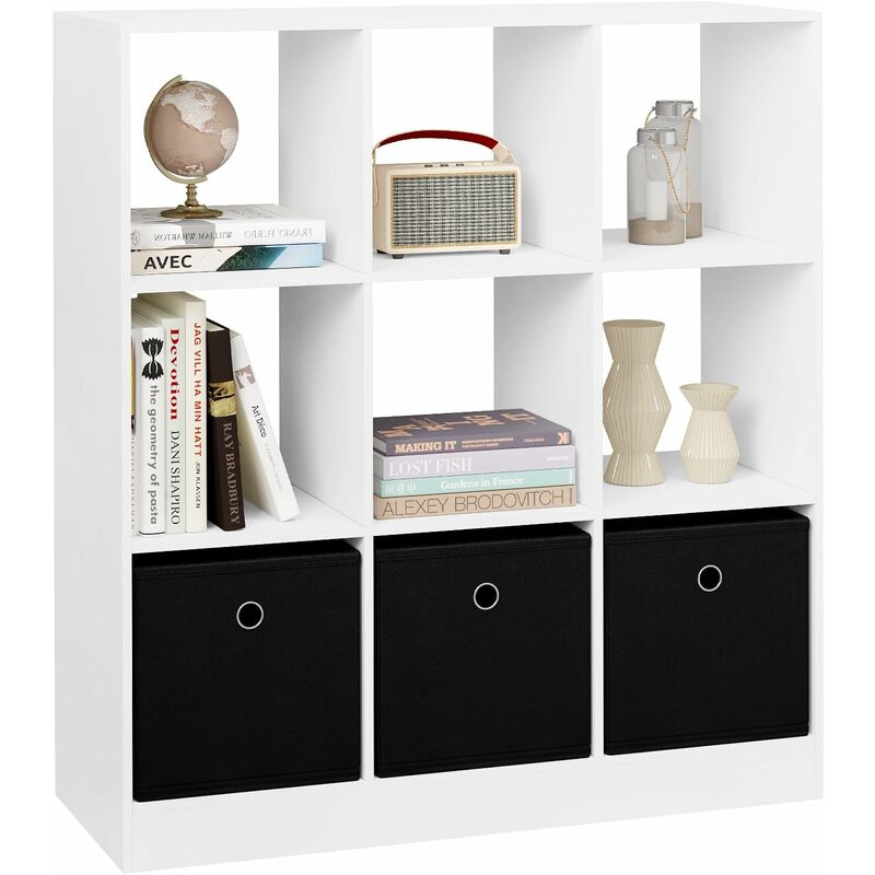 foto del prodotto libreria a 9 cubi portaoggetti e 3 cassetti in tessuto non tessuto, bianco woltu