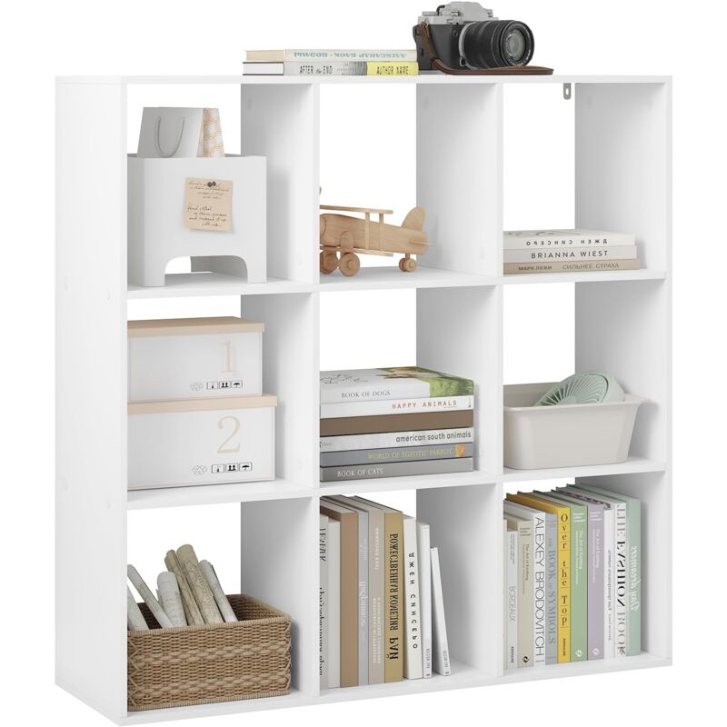 foto del prodotto libreria a 9 cubi, scaffale in legno a ripiani, armadio guardaroba autoportante per ufficio e casa, di colore bianco woltu