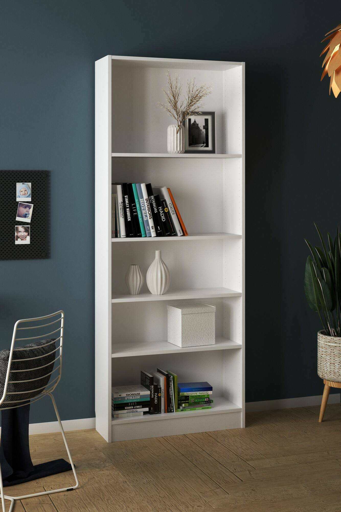 foto del prodotto libreria a cinque abelarda, colore bianco, cm 79 x 107 x 27