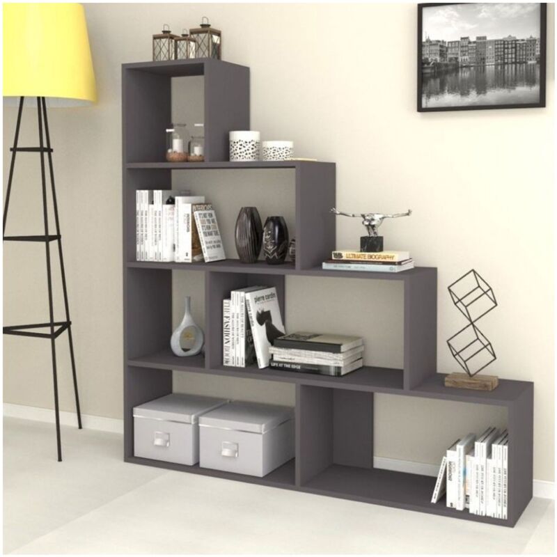 foto del prodotto libreria a cubi grigia a scala moderna mensole studio divisorio scaffale ufficio