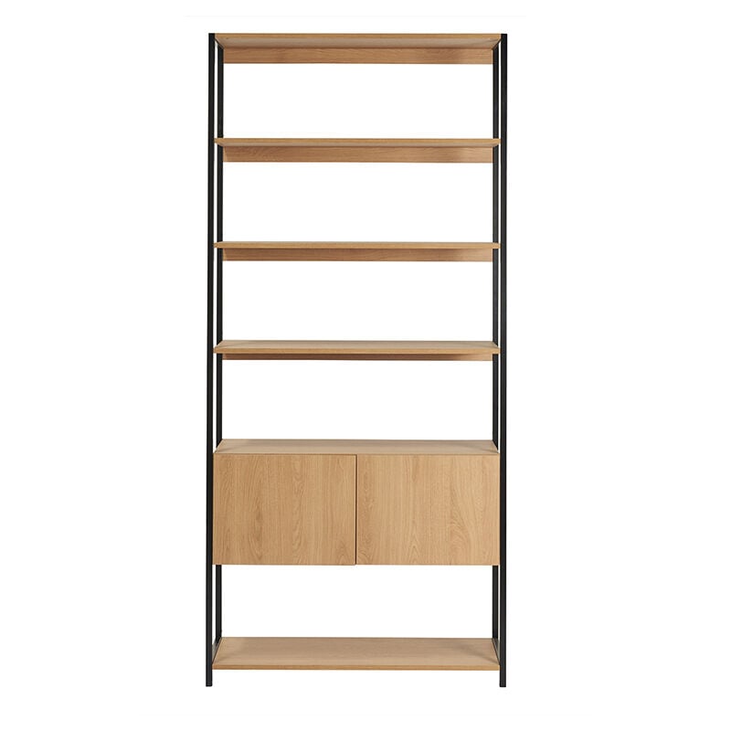foto del prodotto libreria a ripiani con vano contenitore chiuso finitura legno chiaro rovere e metallo nero l94 cm flea