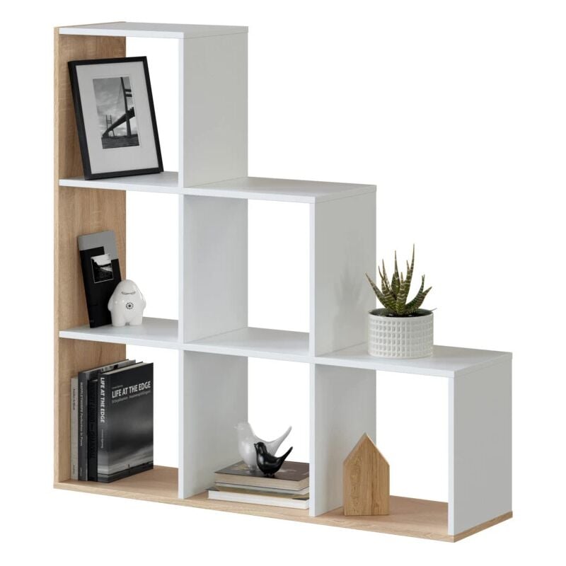 foto del prodotto libreria a scaletta bianco e quercia 108x28x110 cm