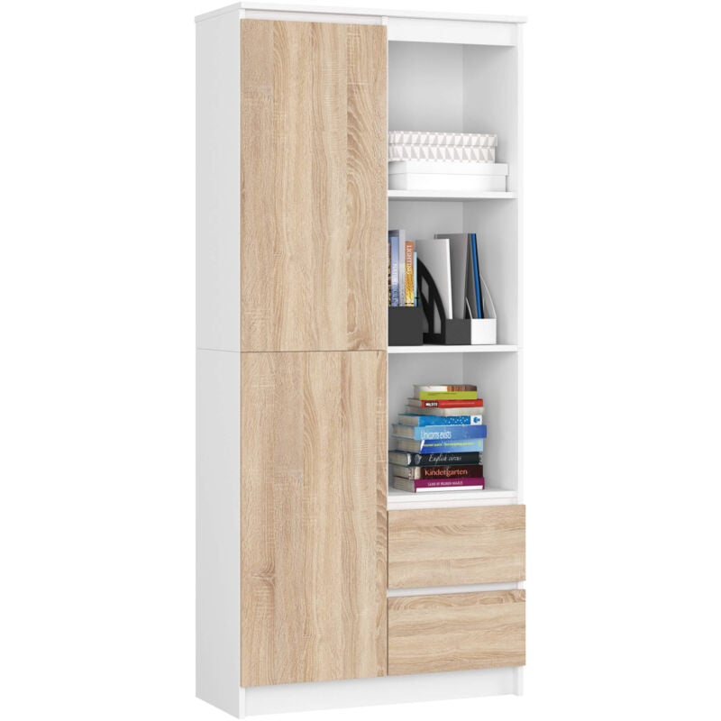foto del prodotto libreria akord r11 bianco, sonoma quercia 80 cm 2 ante 2 cassetti 80x35x180 cm