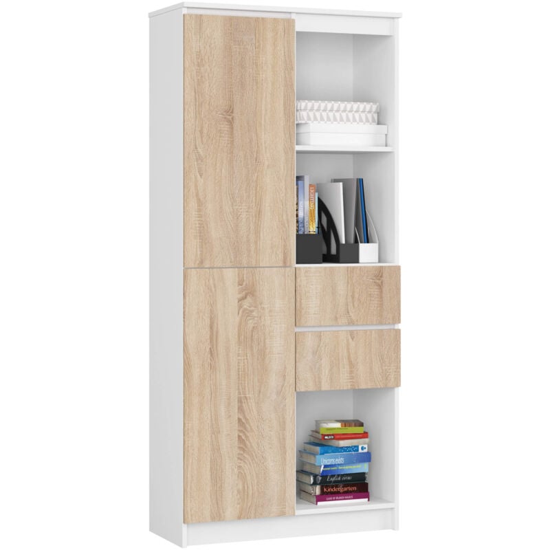 foto del prodotto libreria akord r15 bianco, sonoma quercia 80 cm 2 ante 2 cassetti 80x35x180 cm