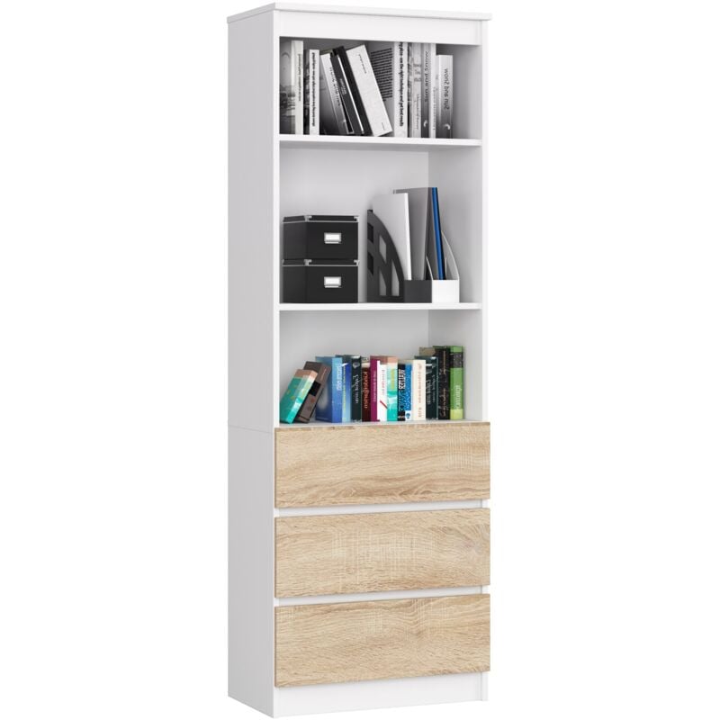 foto del prodotto libreria akord r60 bianco, sonoma quercia 60 cm 3 cassetti 60x35x180 cm