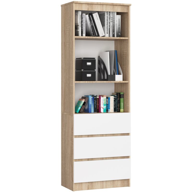 foto del prodotto libreria akord r60 sonoma quercia, bianco 60 cm 3 cassetti 60x35x180 cm