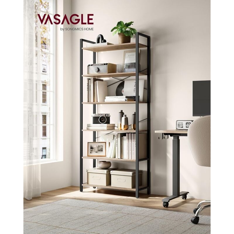 foto del prodotto libreria alta a 6 ripiani, scaffale portaoggetti, struttura in acciaio, salotto camera da letto studio, 30 x 80 x 186 cm, industriale, marrone