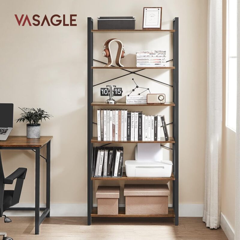 foto del prodotto libreria alta a 6 ripiani, scaffale portaoggetti, struttura in acciaio, salotto camera da letto studio, 30 x 80 x 186 cm, industriale, marrone