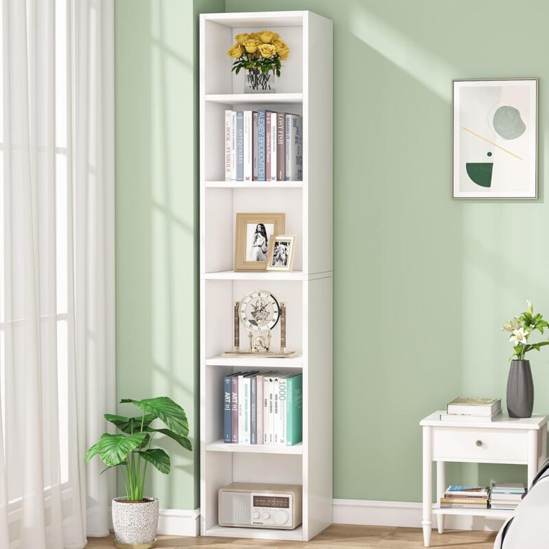 foto del prodotto libreria alta e stretta da 180 cm, moderna libreria angolare bianca con deposito, espositore a cubo a 6 ripiani per casa e ufficio tribesigns
