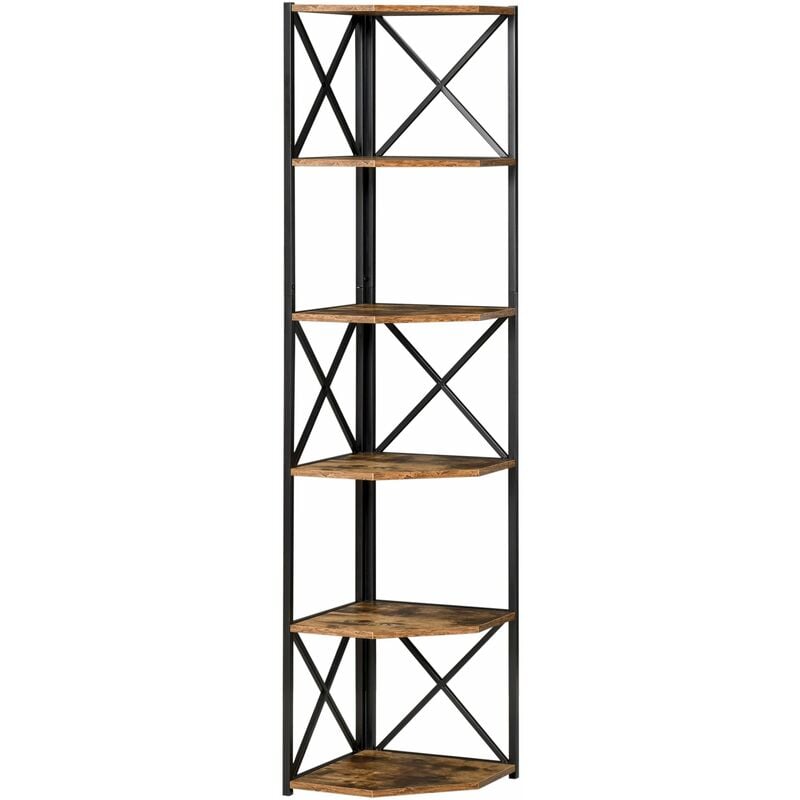 foto del prodotto libreria angolare 5 ripiani 39x39x175 cm in metallo e truciolare marrone rustico