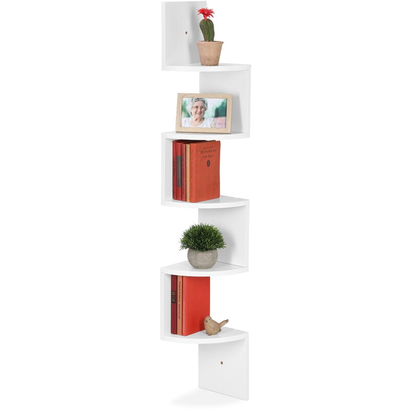 foto del prodotto libreria angolare, 5 ripiani, hlp 122,5 x 19,5 x 19,5 cm, scaffale sospeso con design asimmetrico, bianco relaxdays